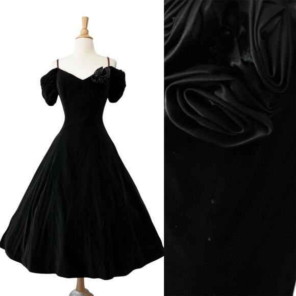 Vintage 80s Karen Lucas Niki 50s Style Black Velvet Off Shoulders Prom Dress - Picture 1 of 10